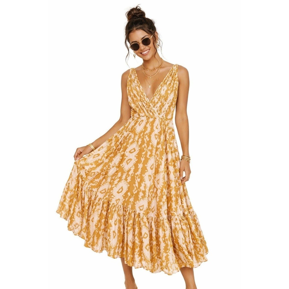 Mes Demoiselles Paris Yellow Gauze Maxi Sun Summer Dress V-Neck Ruffle 36 4 S